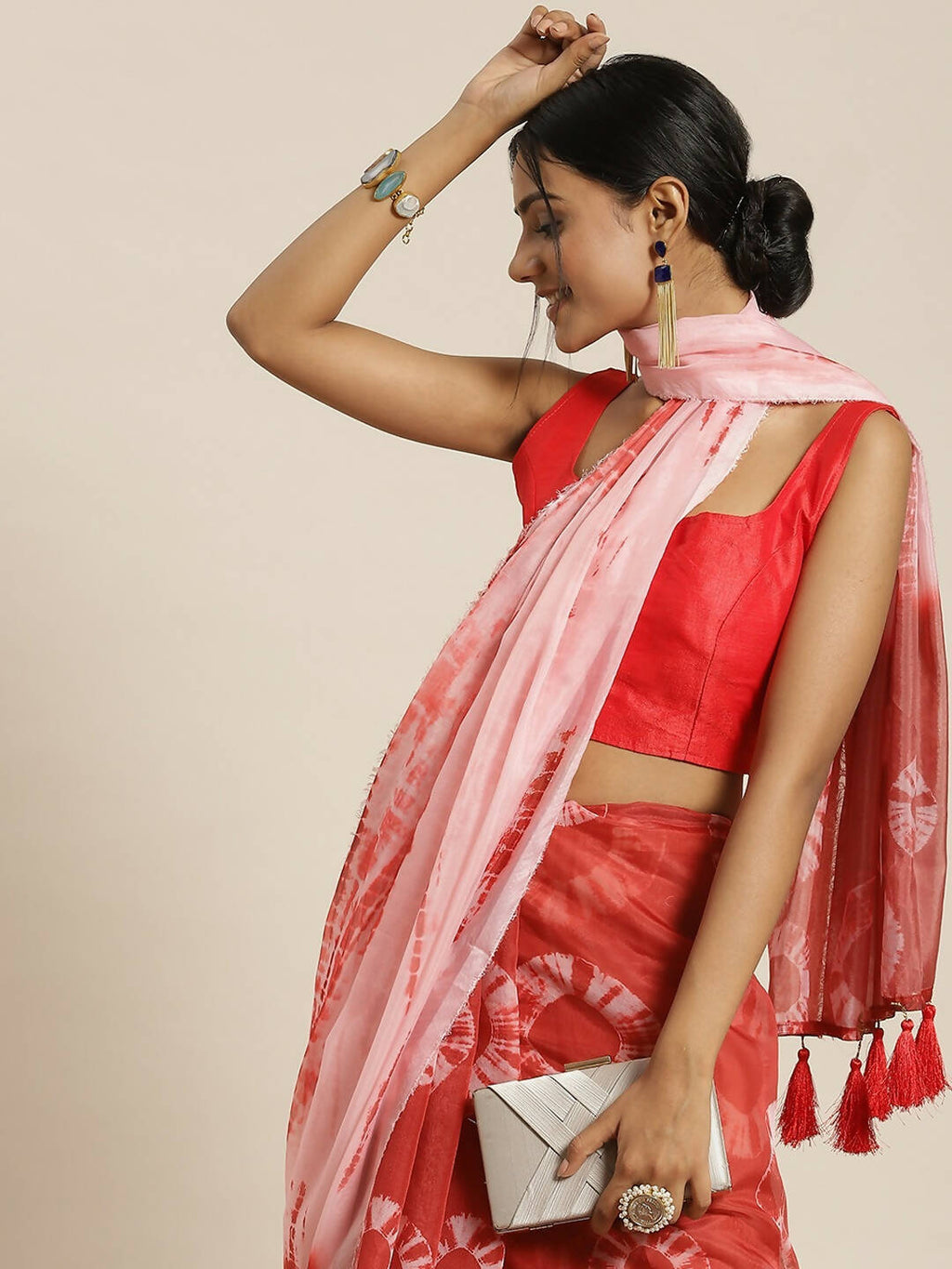 Red Organza Printed Saree With Blouse Piece - Nivaa