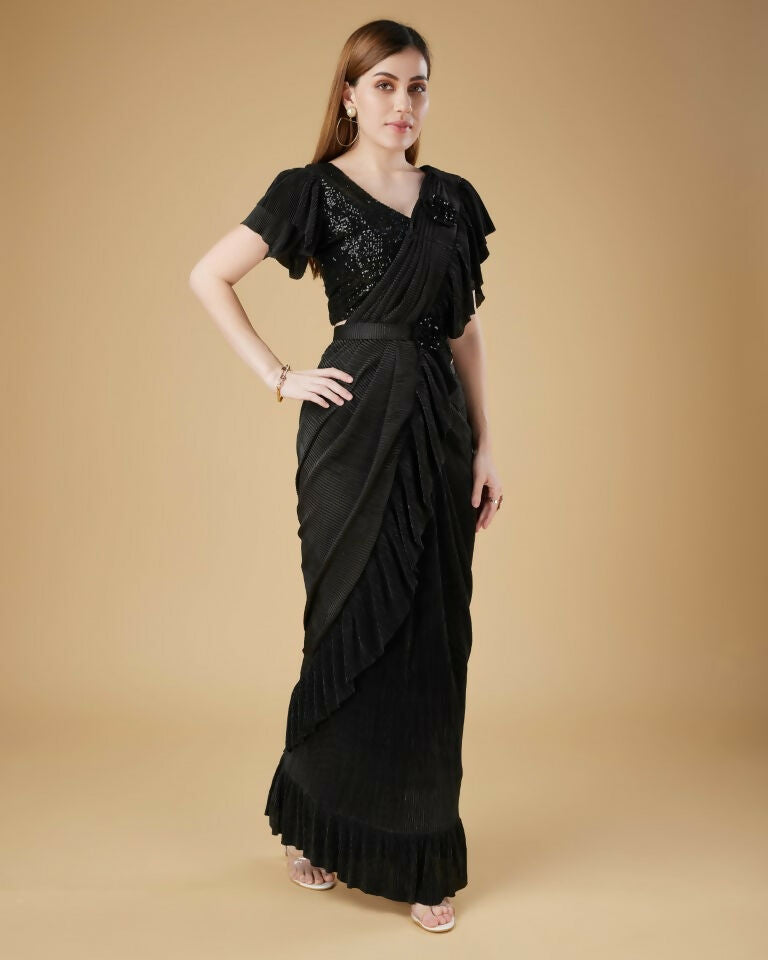 Black Imported Crush Solid Ready to Wear Saree with stitched Blouse - Aayan