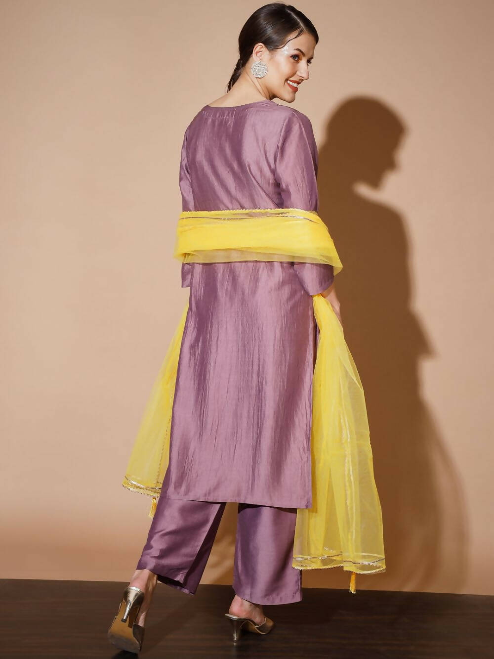Myshka Mauve Solid Kurta & Palazzos With Dupatta