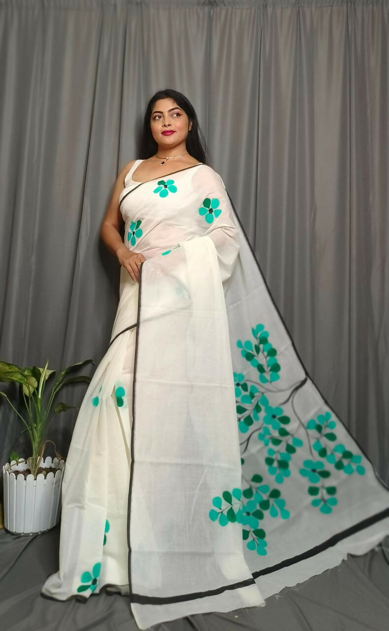 Exclusive Collection Beautiful White Green Pure Cotton Hand Print Handloom Saree With Running Blouse Piece
