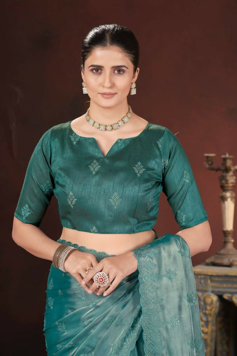 Vastranavya Teal Jimmy Choo Silk 3mm Sequence work with Cross Stitch Embroidery work & Cutwork Border Saree