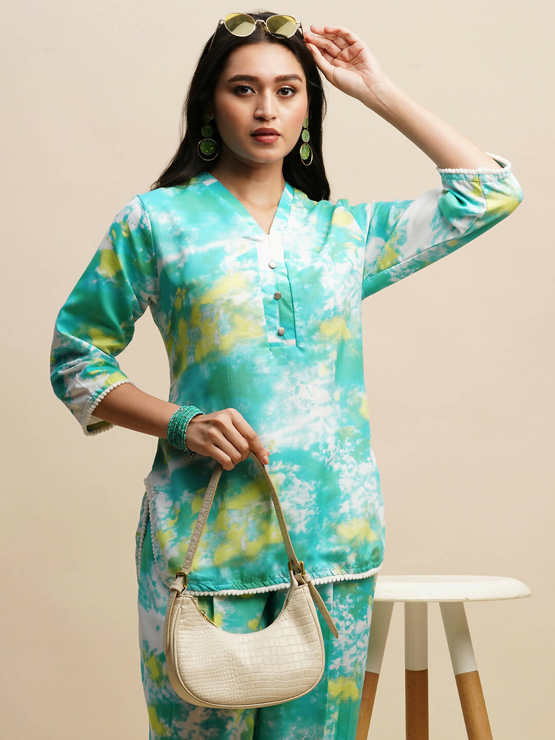 Sky Blue Poly Rayon Tie and dye Printed Top with Matching Trouser - Shivani