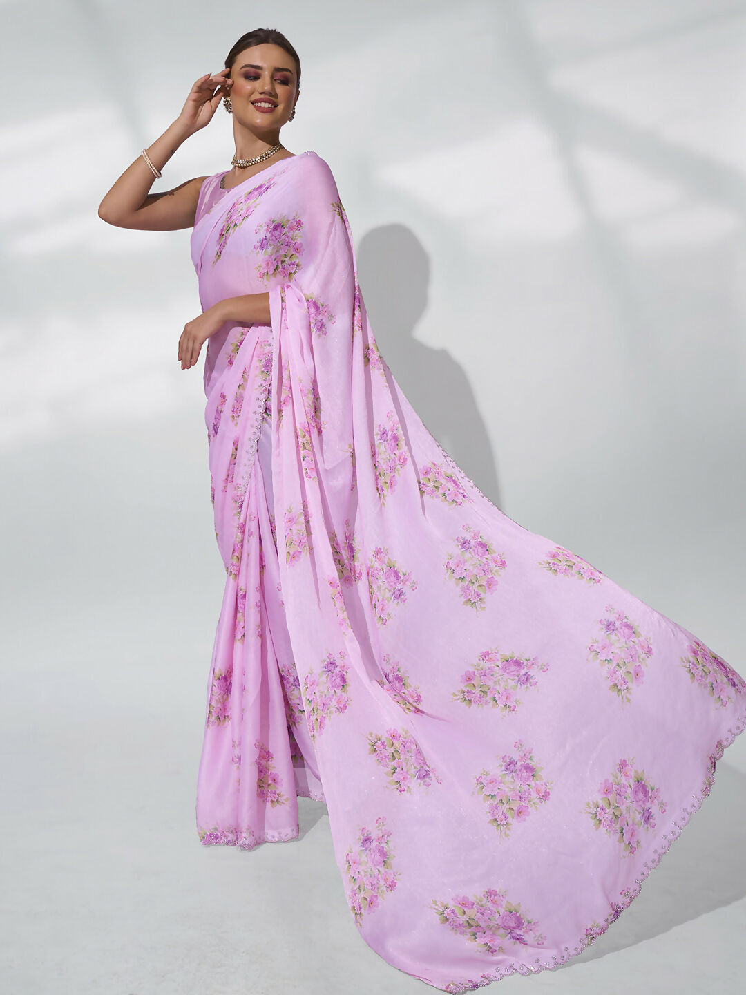 Pink Satin Shimmer Designer Printed Saree - Shezlin