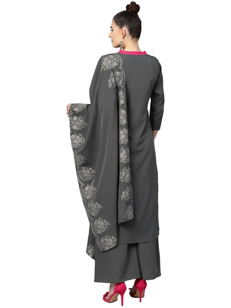 Ahalyaa Grey Crepe Printed Kurta Palazzo Set With Dupatta