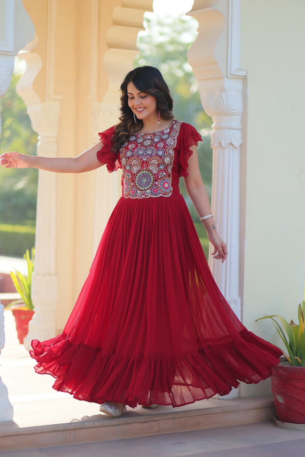 Joban Fashion Maroon Georgette Sequence Embroidery Work Gown