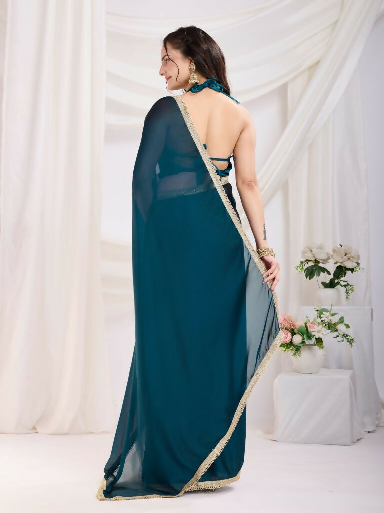 Teal Blue Rangoli Silk Solid, Lace Border Ready To Wear Saree - Kashvi