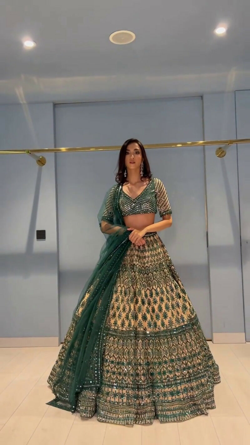 Jyoti Fashion Teal Green & Cream 3mm with Thread Embroidery Georgette Lehenga Choli with Dupatta