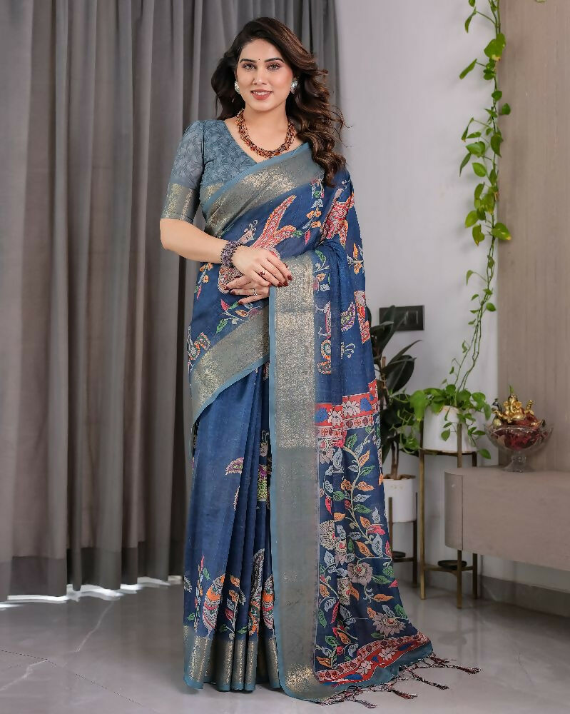 PR Fashion Blue Pure Handloom Linen Saree