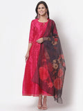 Myshka Women's Pink Silk Solid 3/4 Sleeve Round Neck Casual Anarkali Gown with Dupatta