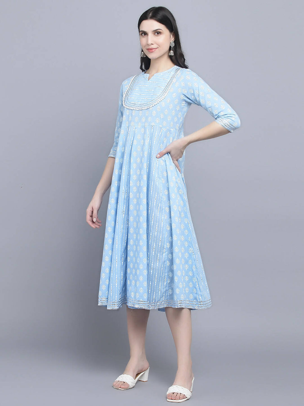 Myshka Women's Blue Ethnic Motifs Empire Midi Dress