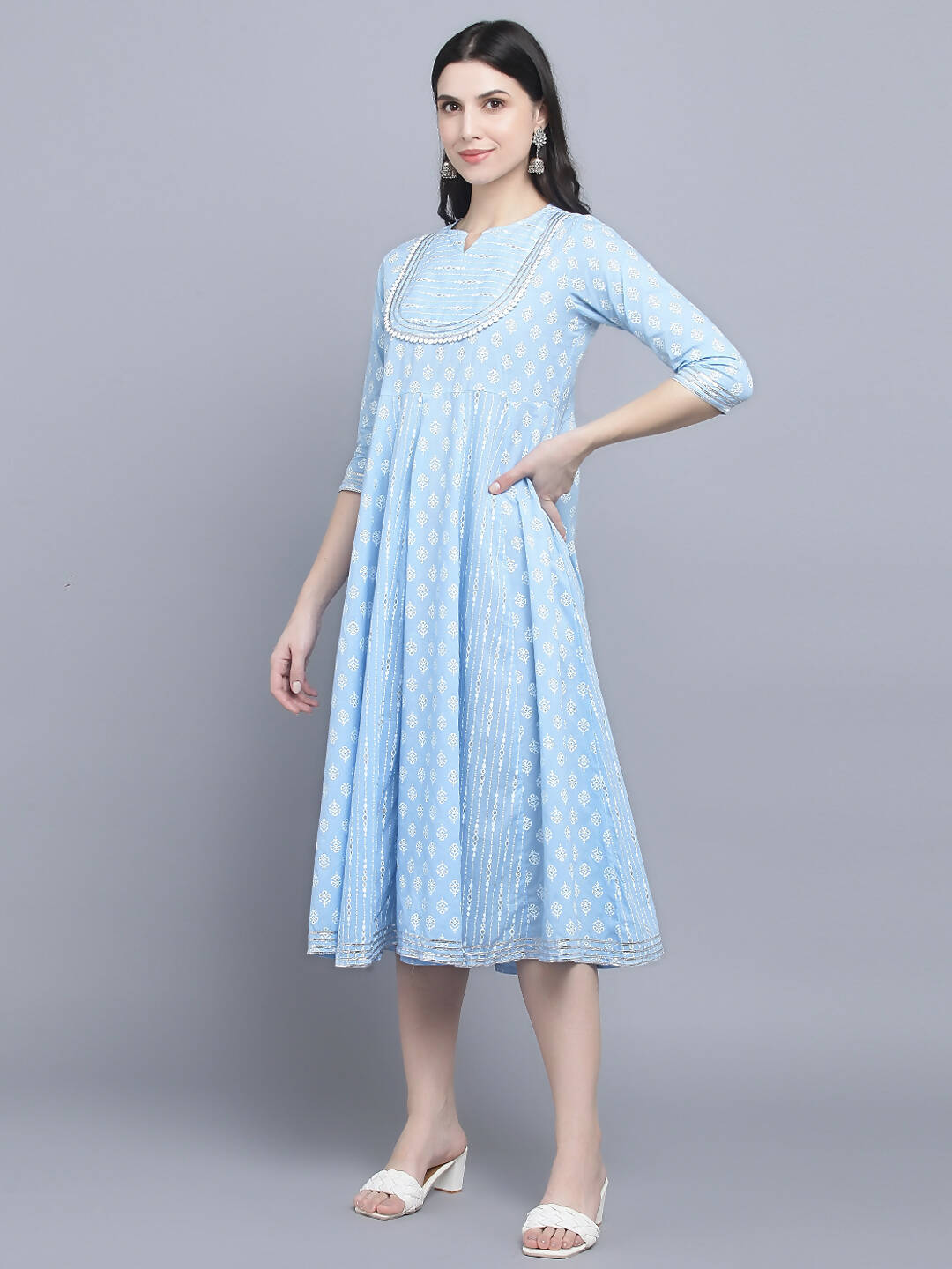 Myshka Women's Blue Ethnic Motifs Empire Midi Dress