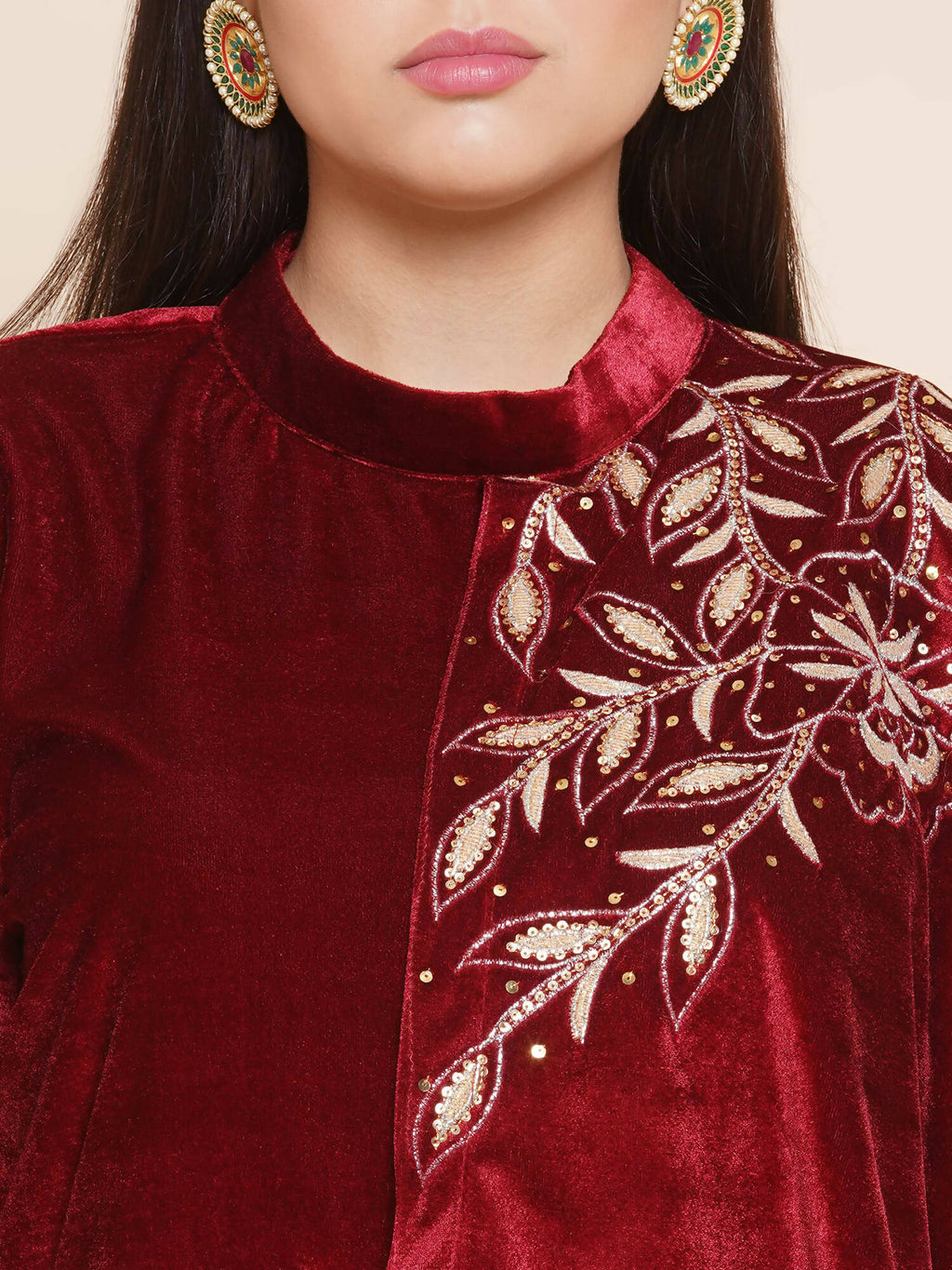 Women Republic Maroon Velvet Drape Styel Gown