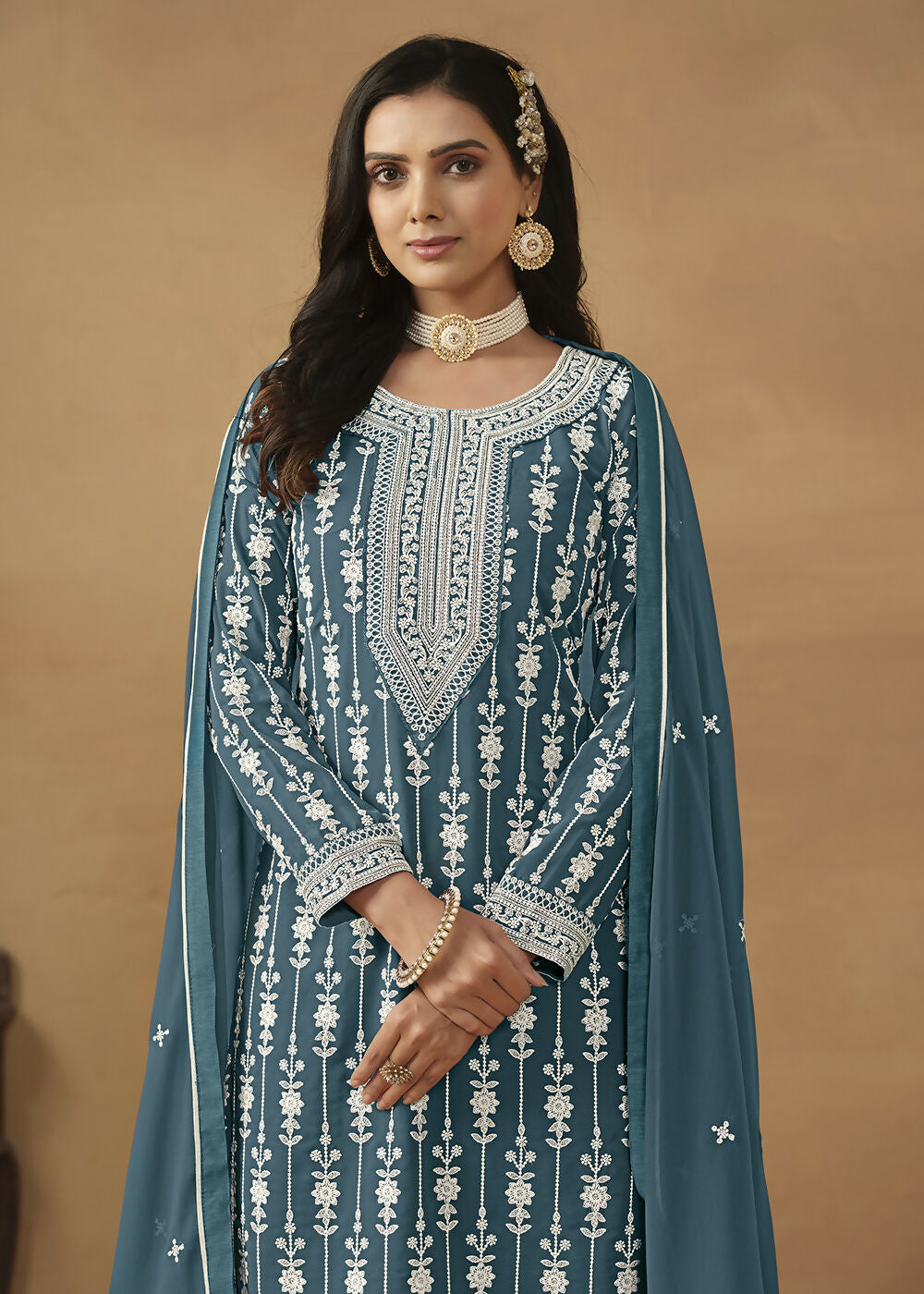 Radiant Teal Embroidered Wedding Festive Gharara Suit - Emponline