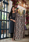 Juniper Women's Black Solid Viscose Kurta Pant And Dupatta Set With Zari & Thread Work