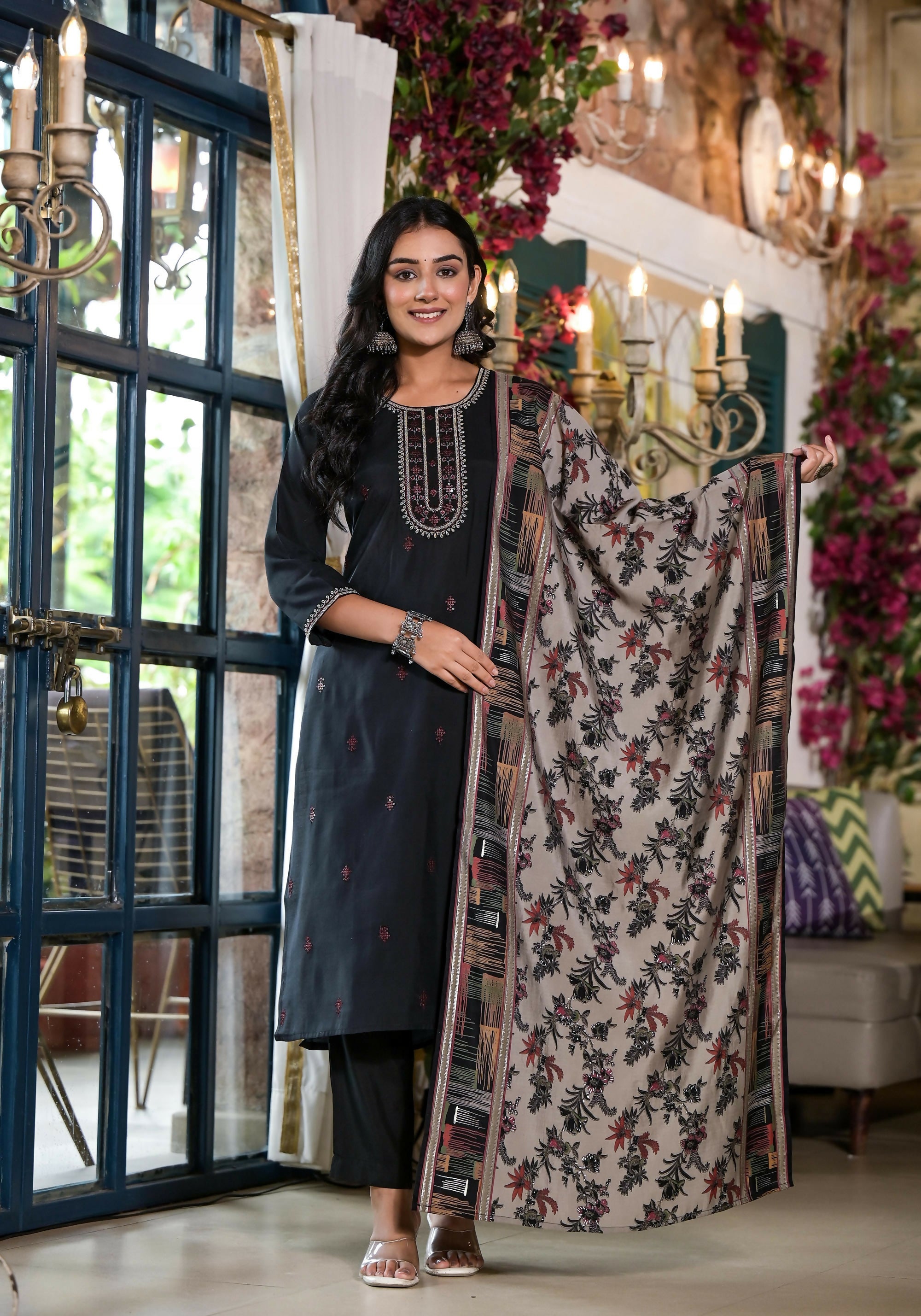 Juniper Women's Black Solid Viscose Kurta Pant And Dupatta Set With Zari & Thread Work