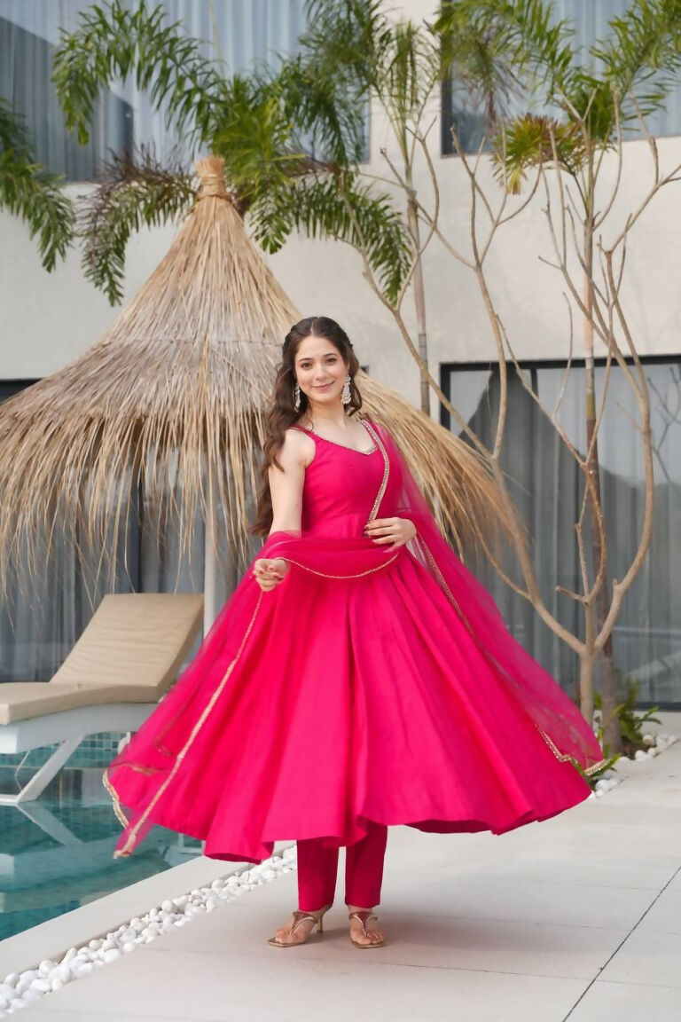 Teeya Creation Pink Color Pure Roman Silk Mirror Lace Party Wear Gown