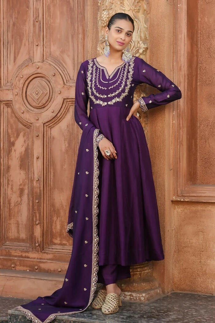The52 Wine Women's Gorgeous Vichitra Silk Fabric Embroidered Work Flared Anarkali Pant and Dupatta Set