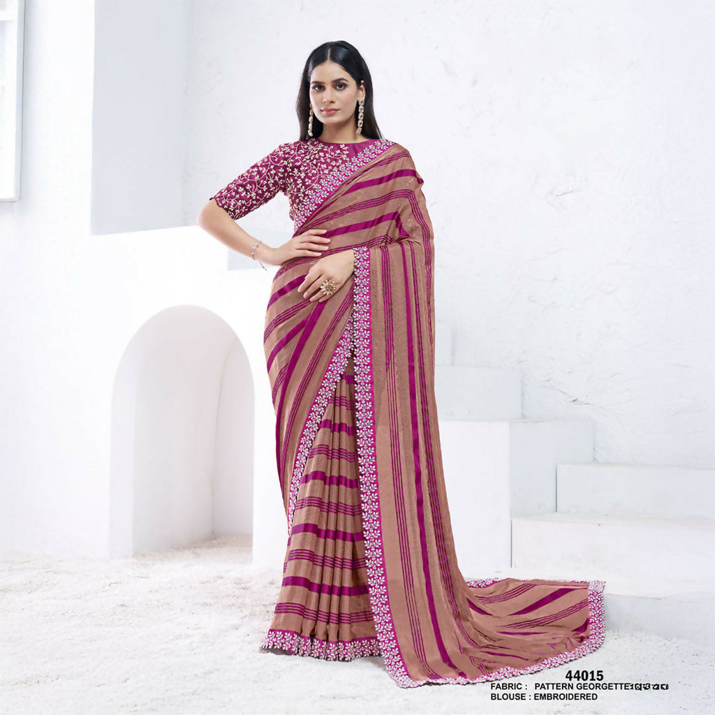 Brown & Purple Pattern Georgette Moti With Hand Work Saree With Unstitched Blouse - Norita Swaraa