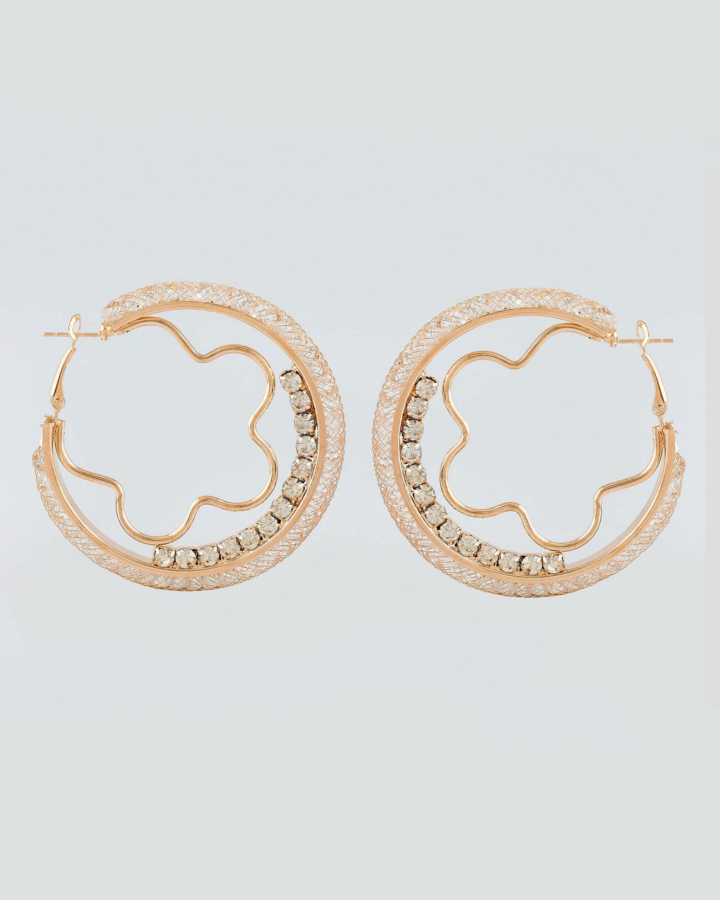 VOJ Women Gold-Polished Studded Beads Stainless Steel Double Circular Hoop Earrings