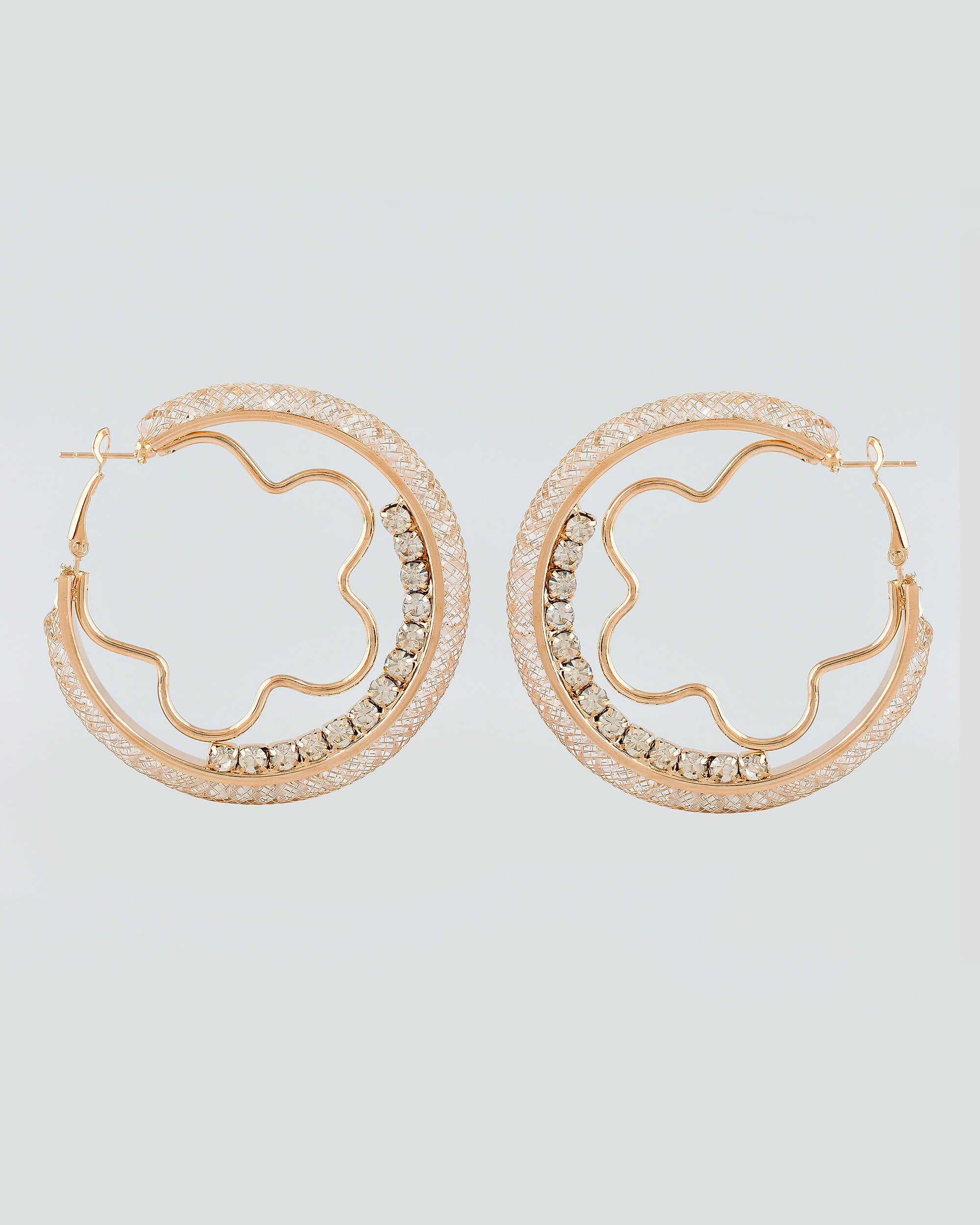 VOJ Women Gold-Polished Studded Beads Stainless Steel Double Circular Hoop Earrings