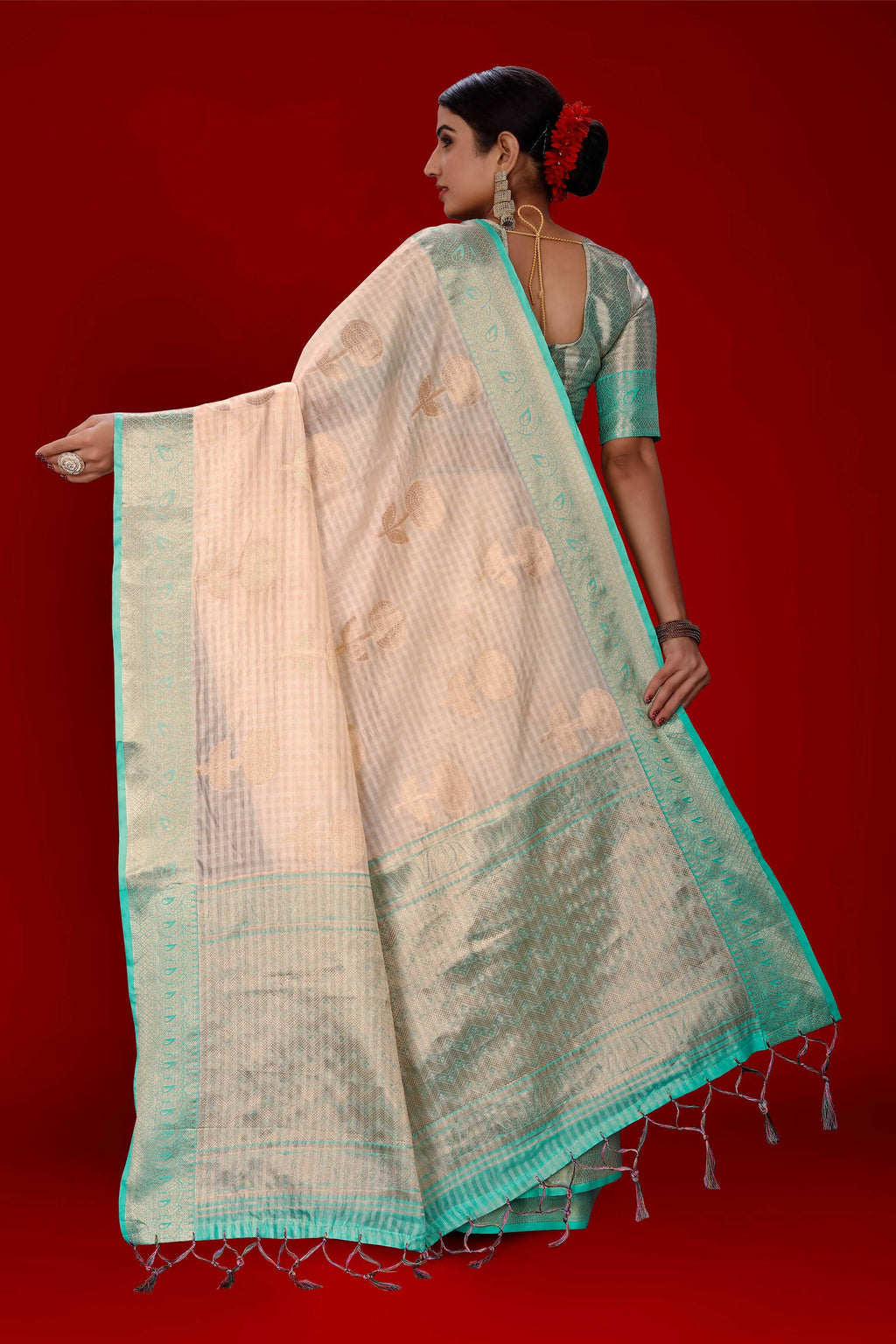 Peach Soft Organza Woven Design Saree With Unstitched Blouse Piece - Zaara