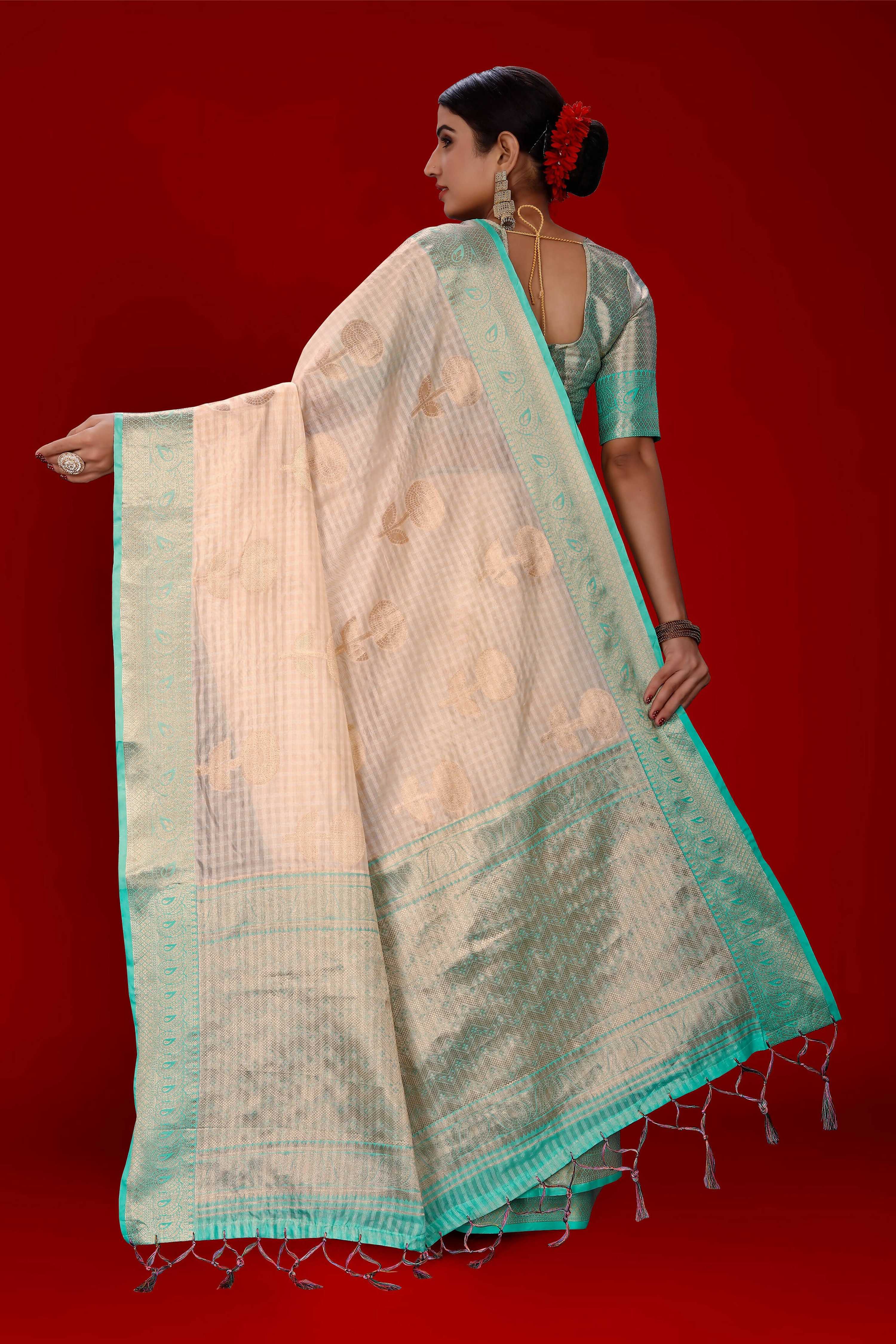 Peach Soft Organza Woven Design Saree With Unstitched Blouse Piece - Zaara