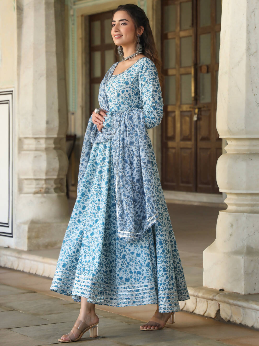 Juniper Women's Blue Cambric Floral Printed Circular Kurta Dupatta Sets