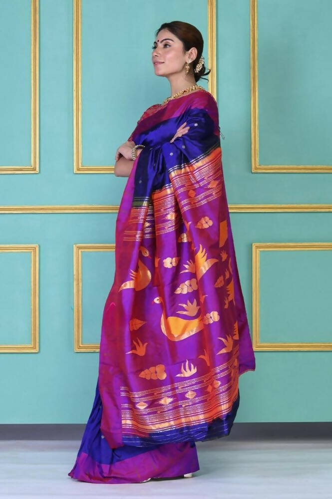 Very Much Indian Handloom Pure Silk Dark Violet Muniya Border Paithani