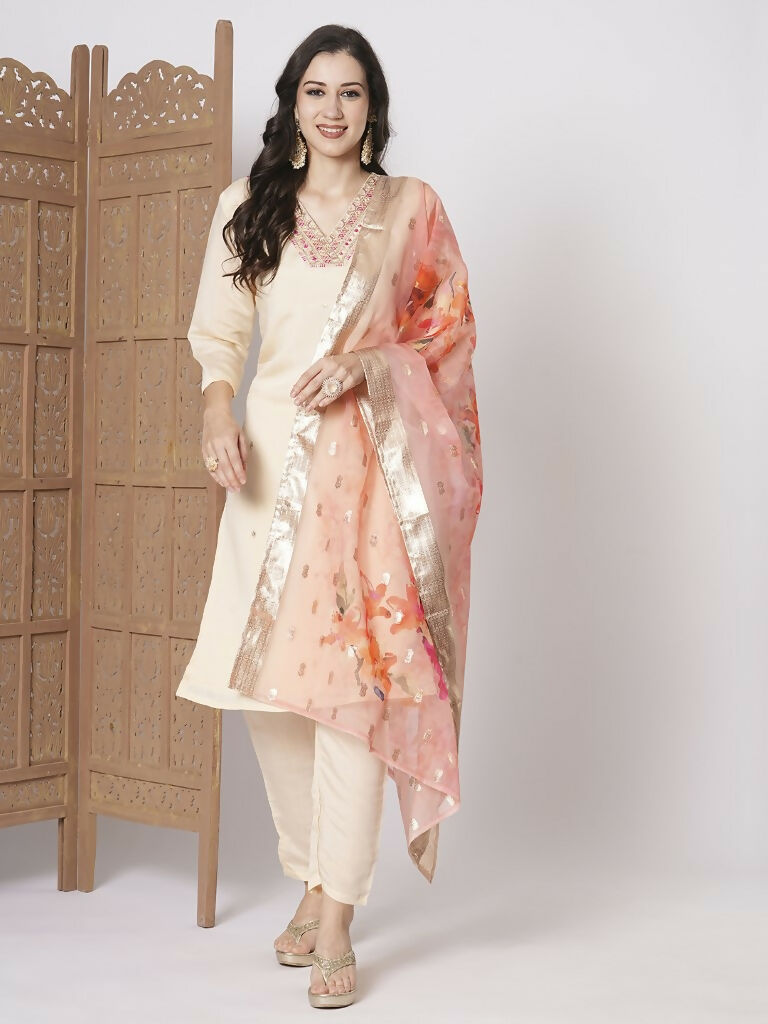 Peach PV Chanderi Embroidery Work,Printed Kurta Set - Riya