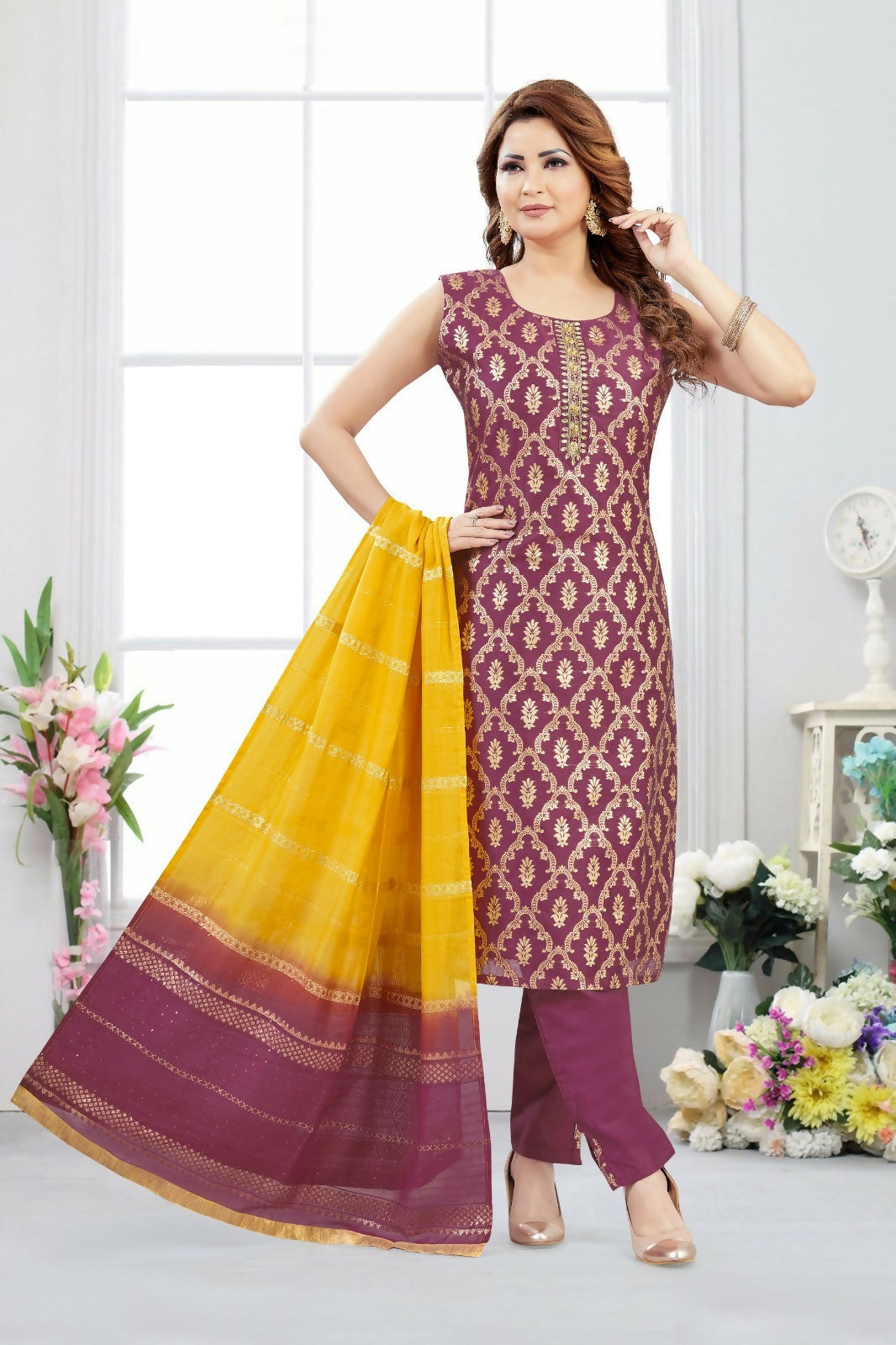 Joban Fashion Jacquard Wine Color Kurta Set