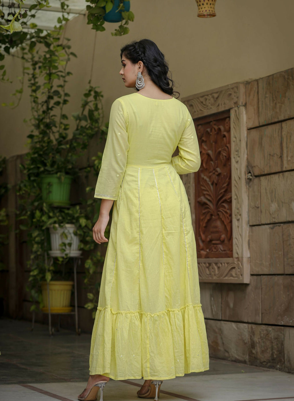 Kaajh Women's Yellow Mirror Embroidered Cotton Dress