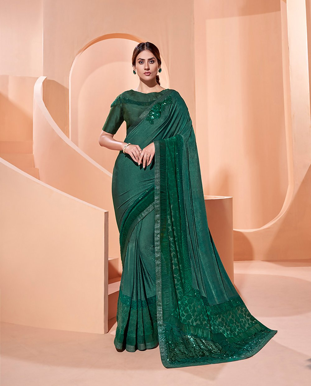 Green Lycraflock Work, Seuqins Embroidery, Handwork Shoulder Butta Saree - Norita Hit