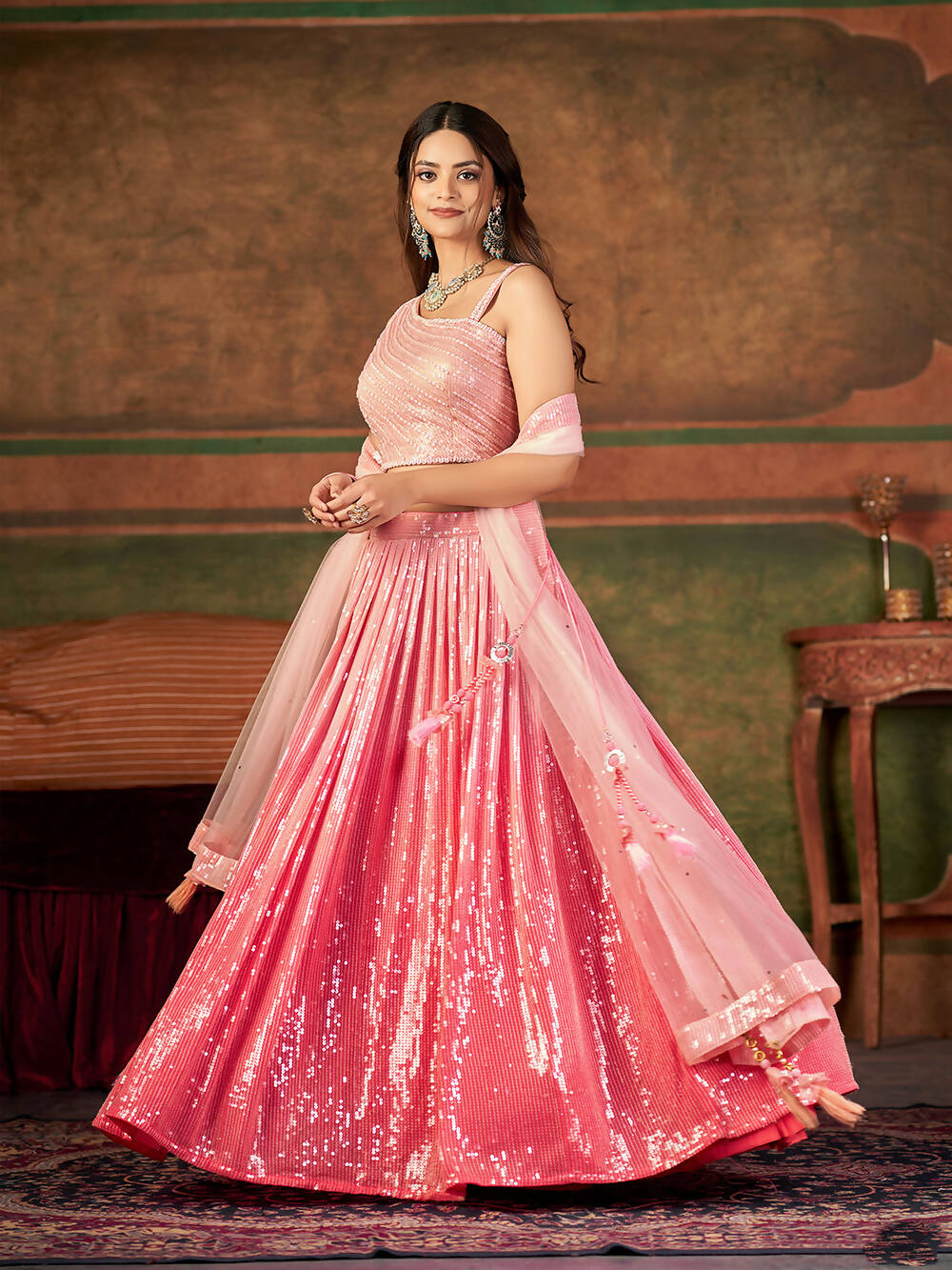 Wedding Designer Pink Nylon Georgette Readymade Lehenga Choli - Anbazaar