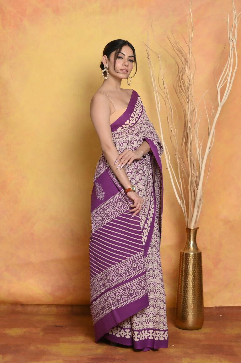 Very Much Indian Handblock Printed Cotton Saree With Natural Dyes - White