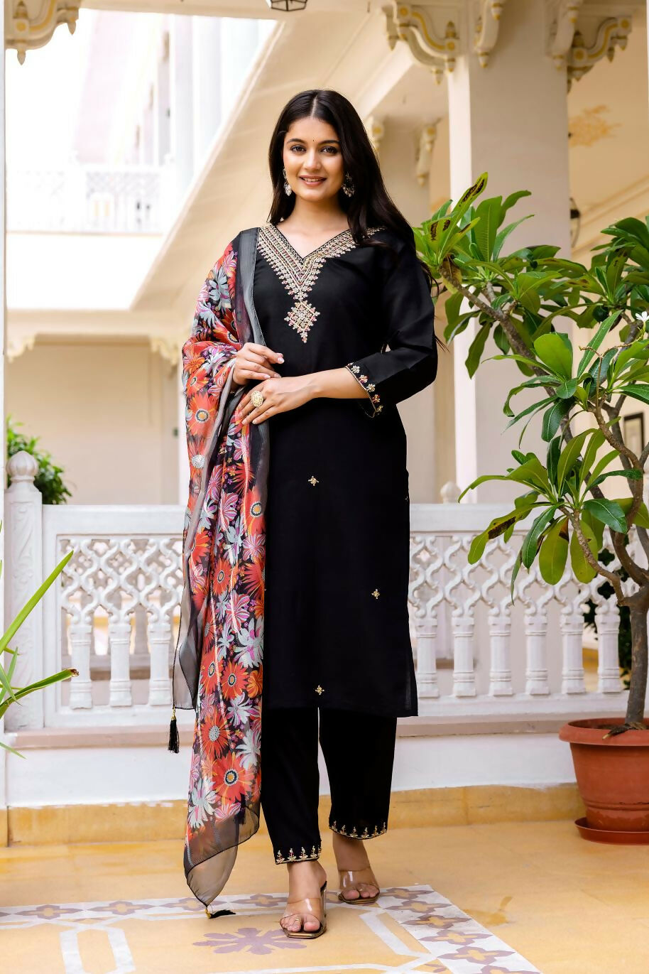 The52 Black Women's Beautiful Viscose Chanderi Fabric Embroidered Work Straight Kurta Pant and Dupatta Set