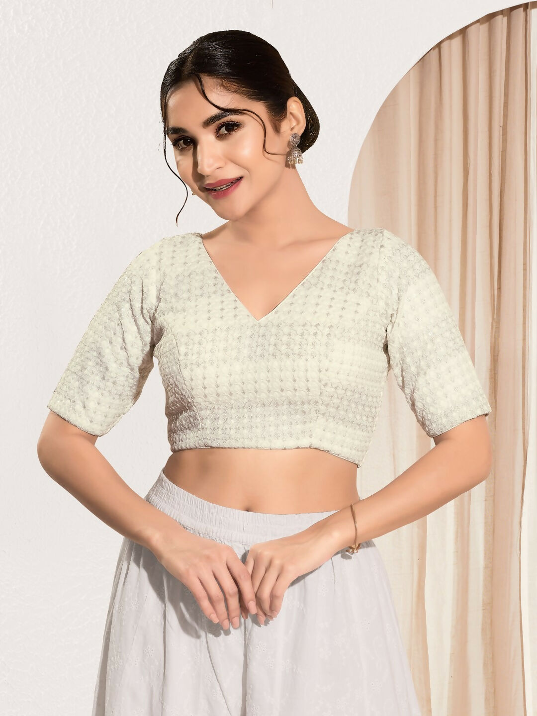 Joban Fashion Off White Crochet Padded Blouse With V Neck Elbow Sleeves