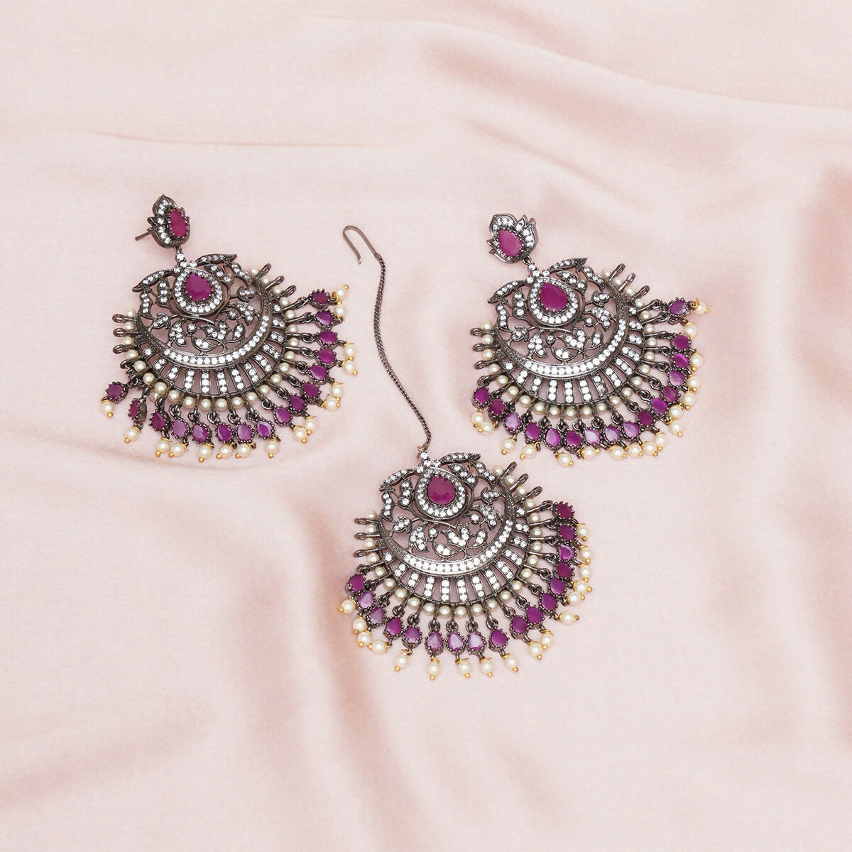 Diamond & Maroon Stone Earrings with Matching Maang Tikka- Ruby Raang