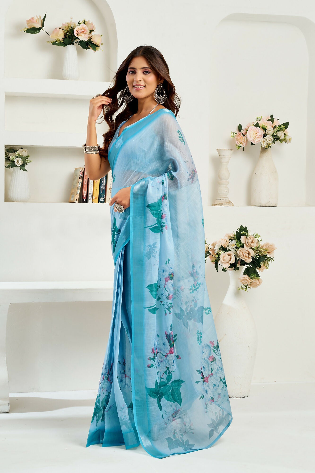 Vastranavya Sea Blue Digital Printed Linen Ready To Wear Designer Saree with Unstitched Blouse