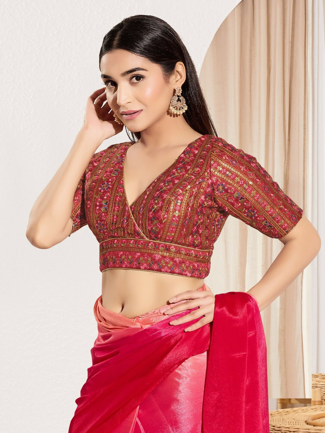 Joban Fashion Maroon Mulberry Silk Padded Blouse With V Neck Elbow Sleeves