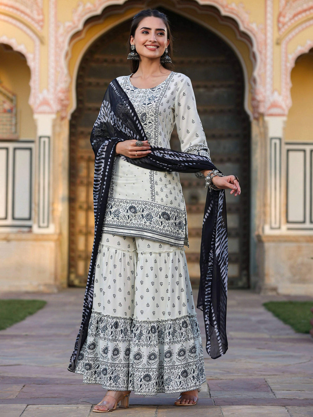 Juniper Women's Off White Rayon Floral Placement Kurta With Sharara And Dupatta Set