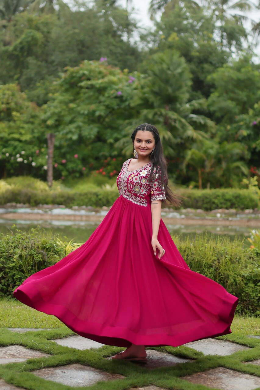 Vastranavya Faux Blooming with Embroidery Zari Sequins-work Gown - Pink
