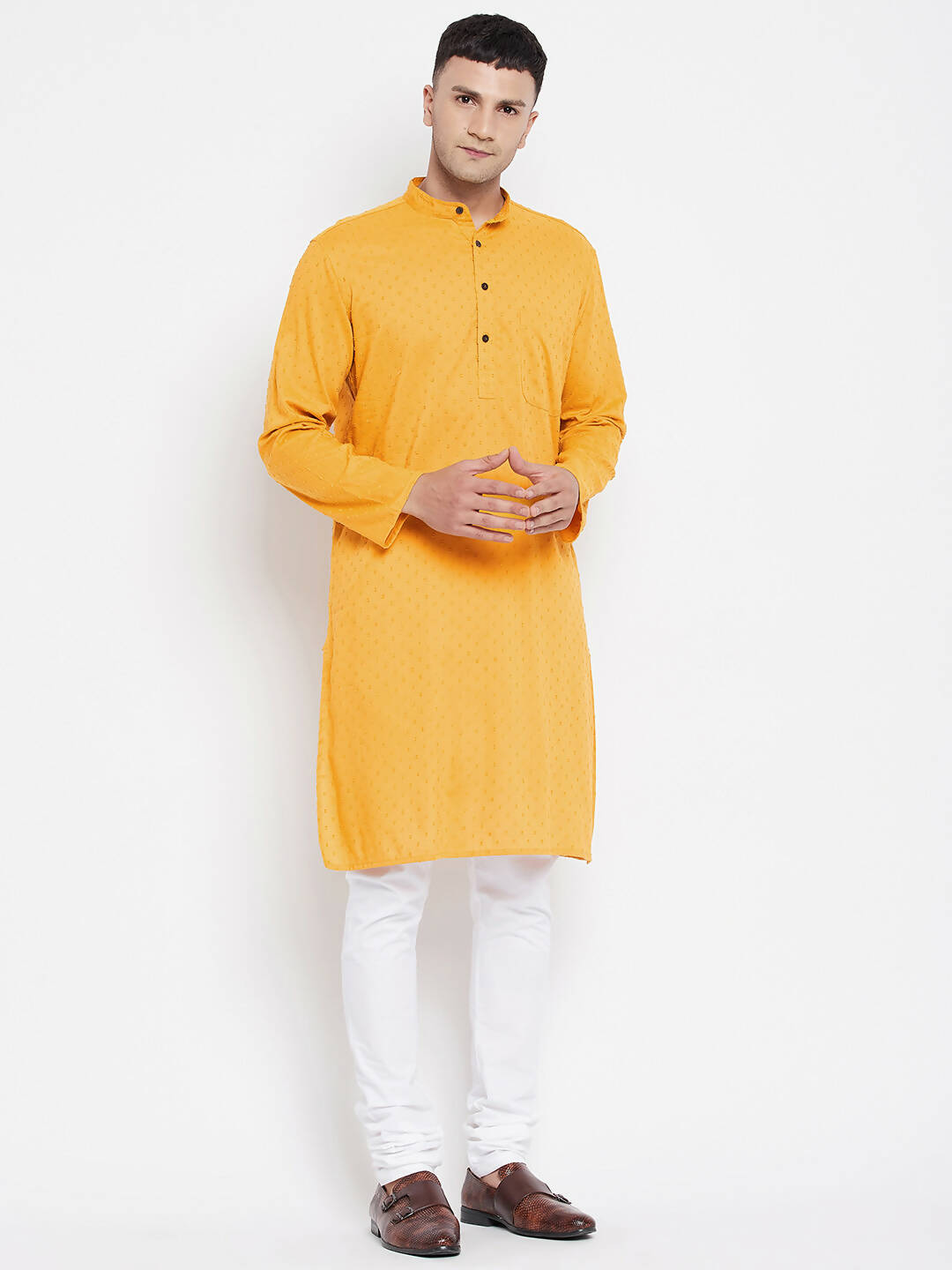 Even Apparels Yellow Color Pure Cotton Men's Kurta With Band Collar