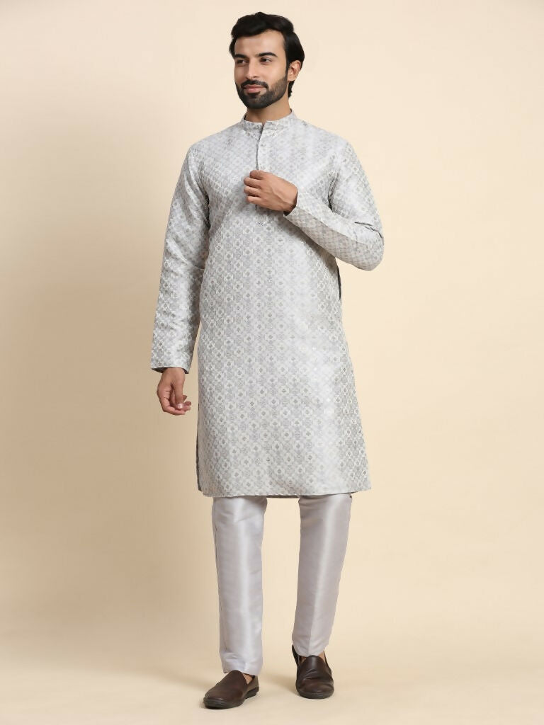 Grey Viscose Jacquard Woven Jacquard Designer Men's Rajwadi Kurta Set - Mahotsav