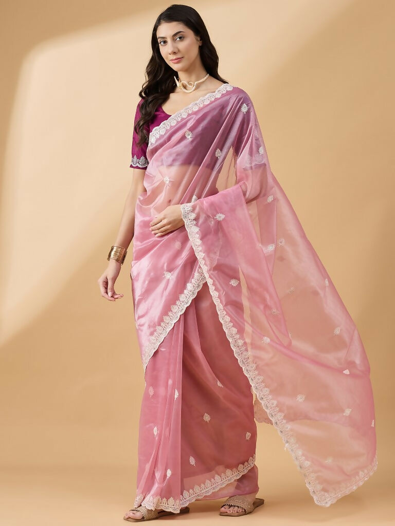 Pink Organza Sequence Embroidered Saree with Unstitched Blouse - Satya