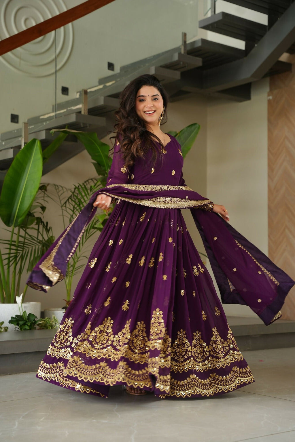 Joban Fashion Purple Georgette Sequence Embroidery Work Kurta Set