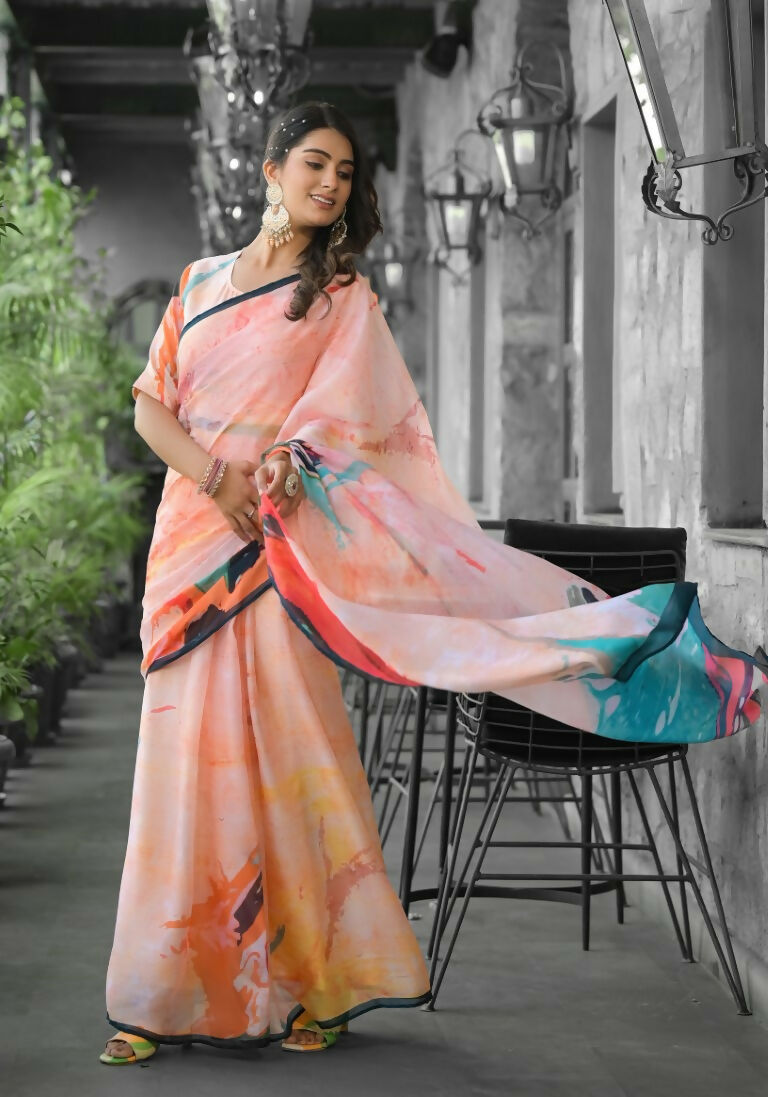 stylish Casual Orange Imported georgette Ready to Wear Fancy Saree - Ashwini