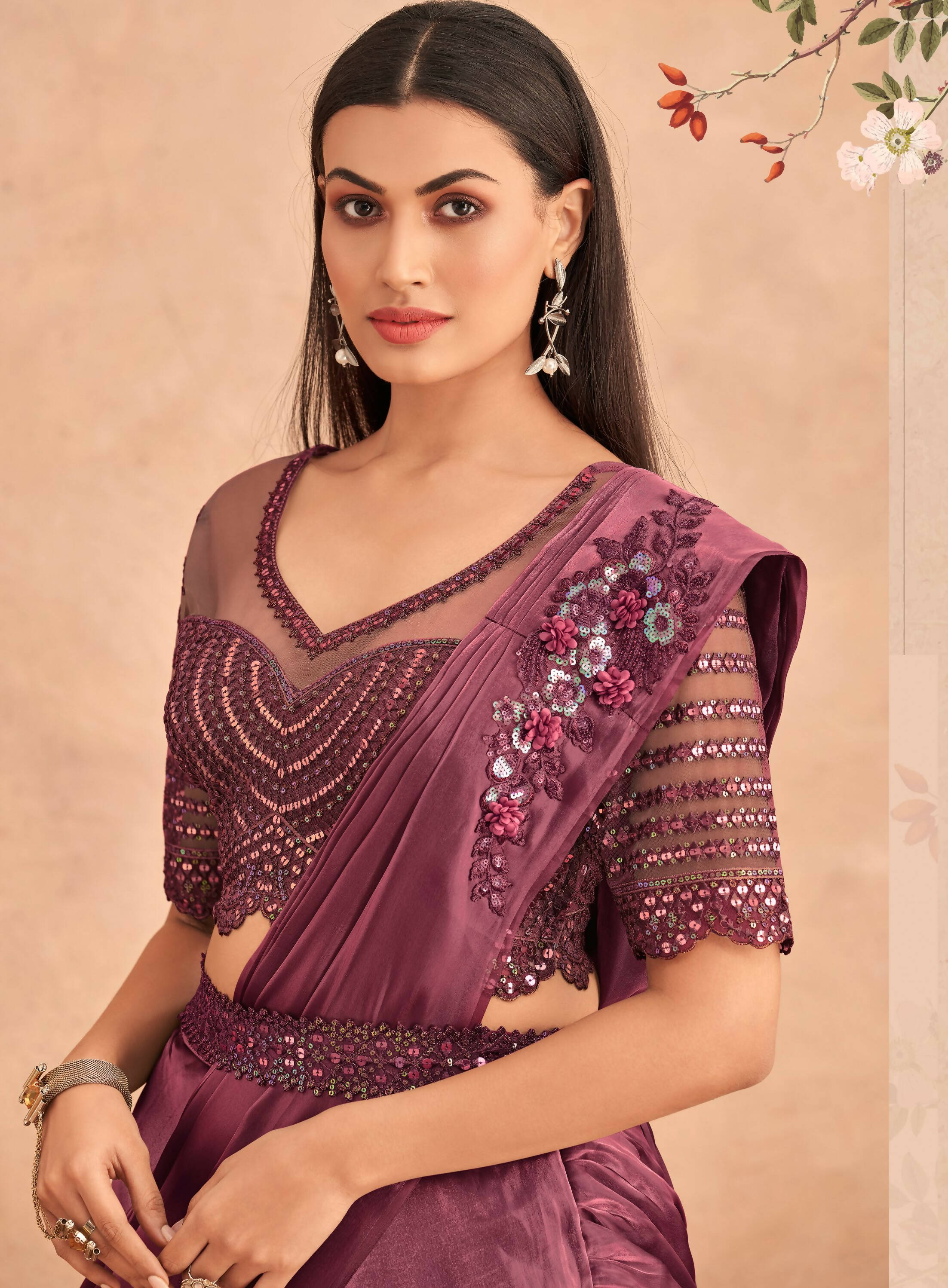 Wine Satin Embroidered Ready To Wear Saree With Unstitched Blouse Piece - Nandika