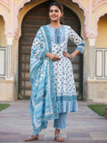 Juniper Women's White Cotton Voile Floral Printed Kurta With Cambric Straight Pant And Voile Duptta