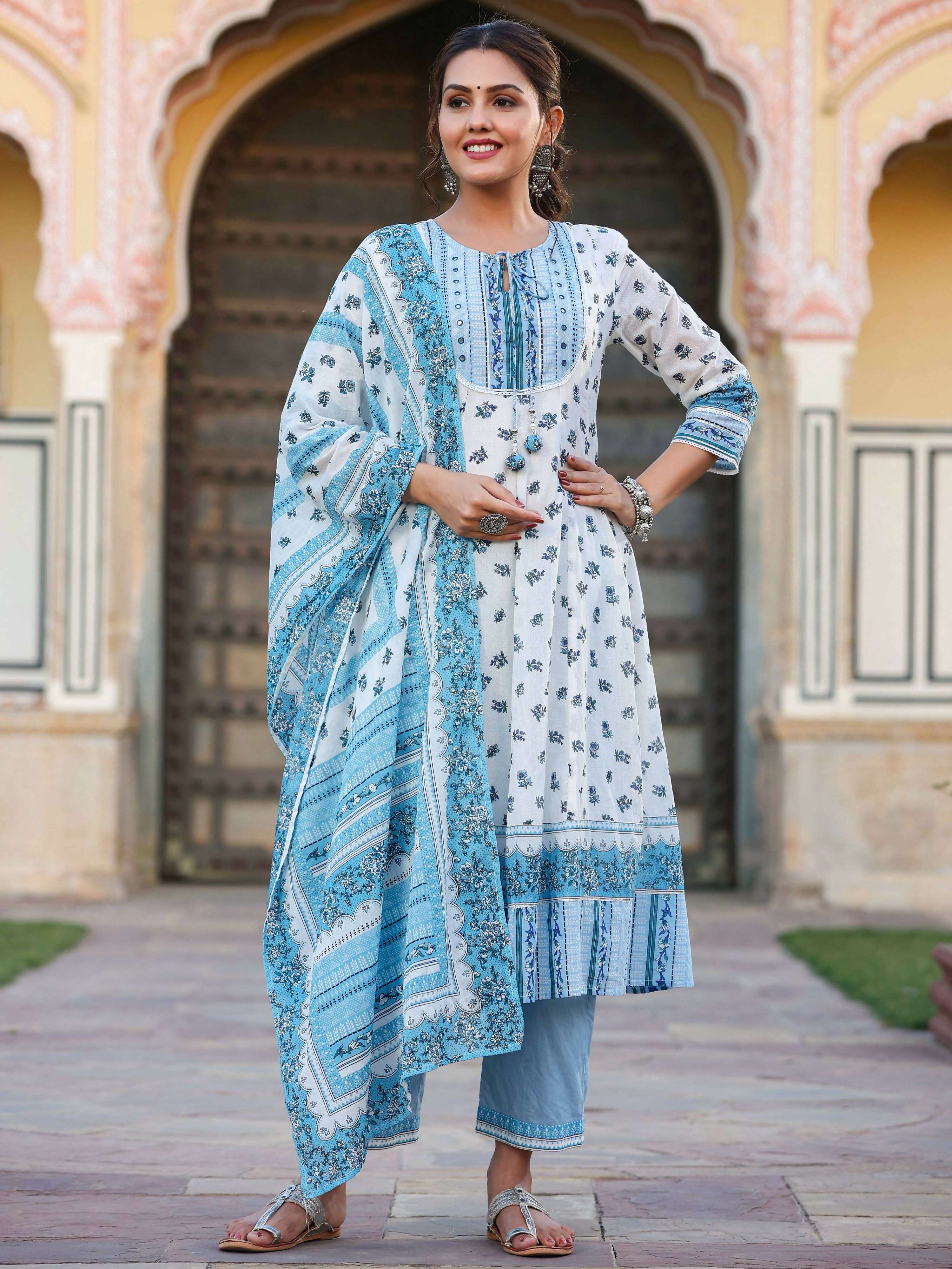 Juniper Women's White Cotton Voile Floral Printed Kurta With Cambric Straight Pant And Voile Duptta
