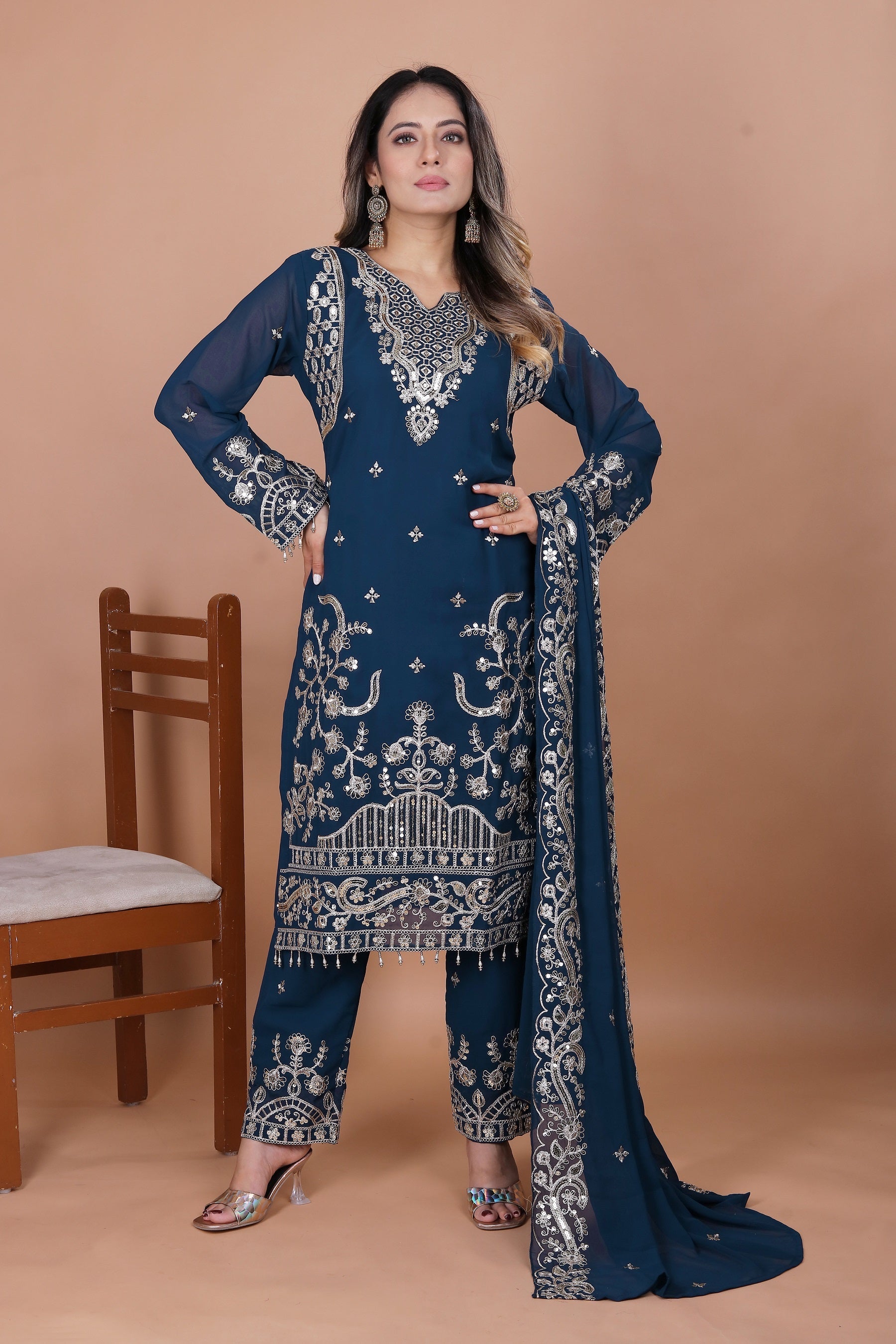 Lehenga Mart Georgette Top Pant Dupatta for Girls or Women - Blue